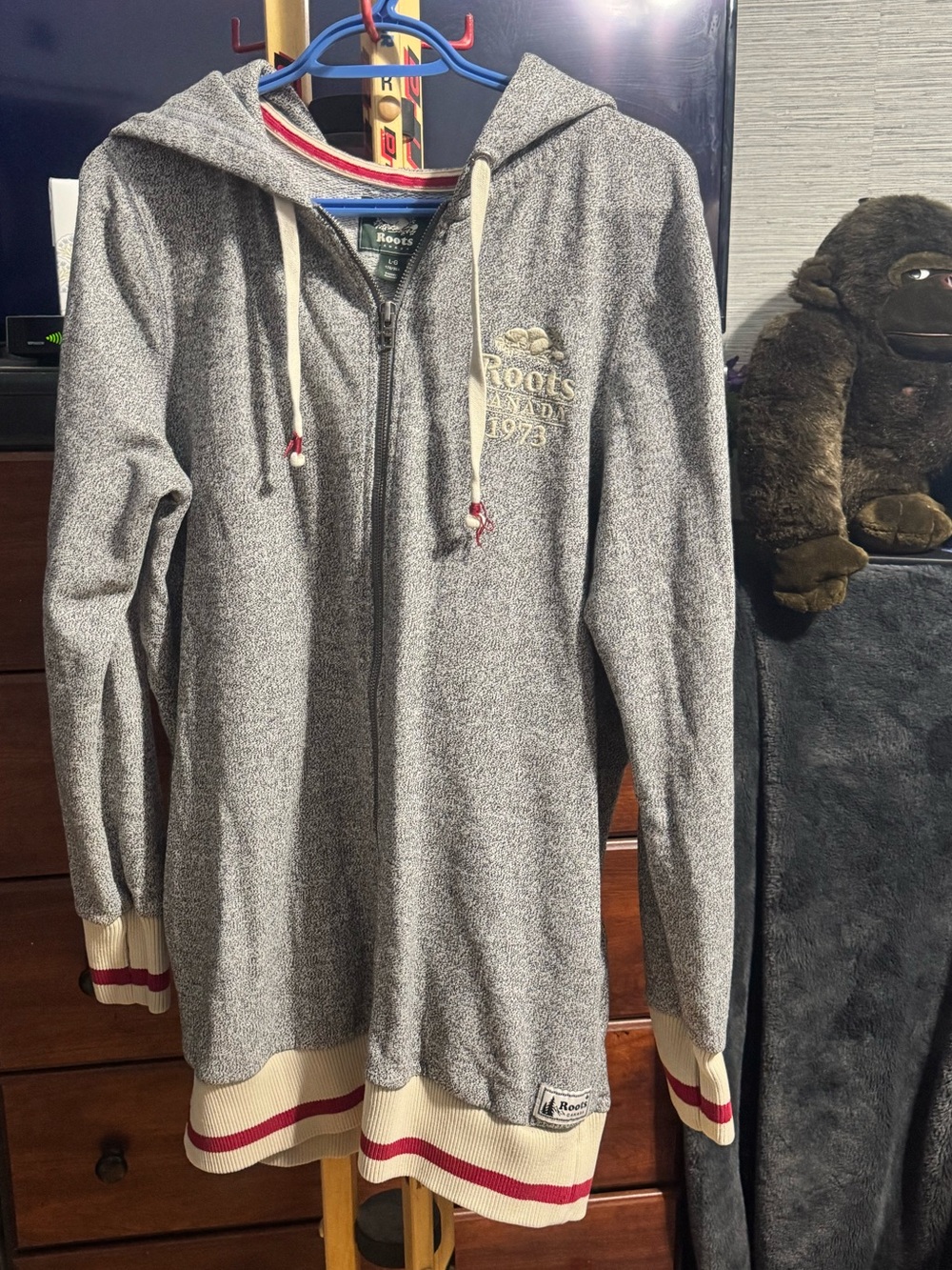 Roots Grey Zip-Up Hoodie with Cream & Red Trim
